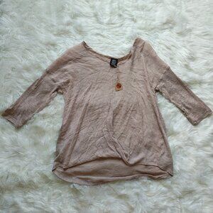 Bobeau Tan Linen Blend 3/4 Sleeve Relaxed Fit Top, SIZE XL